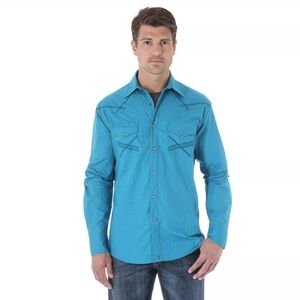 WRANGLER 20X Men's Western Solid Turquoise Snap Button Long Sleeve Shirt XL TALL